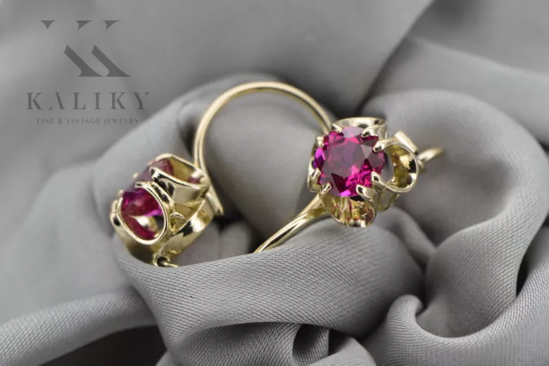 14K жълто злато 585 Ruby Обеци vec035y Руски Съветски СССР Винтидж бижута Ар-деко style Руски винтидж бижута Ар-деко, стил СССР